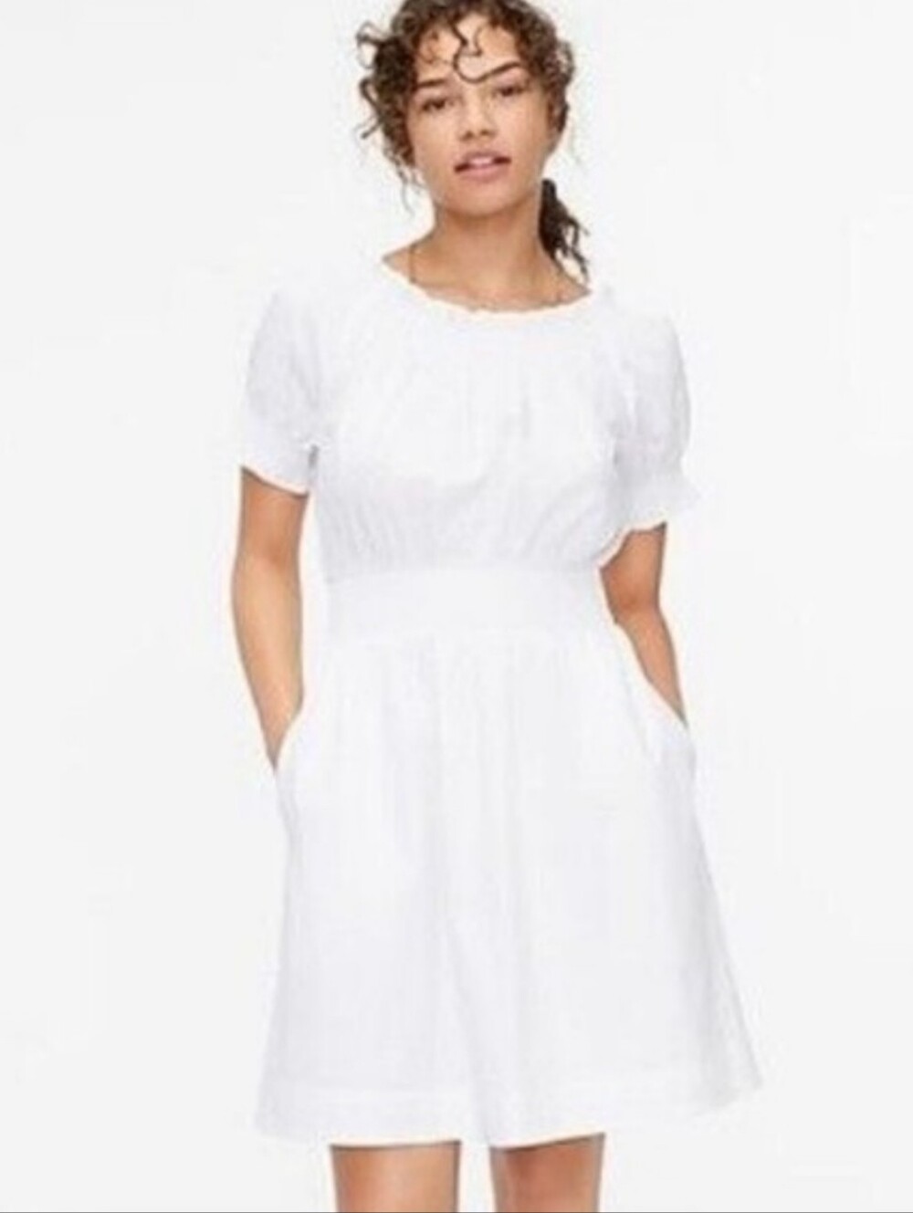 J. Crew White Smocked Ruched Peasant Dress - M